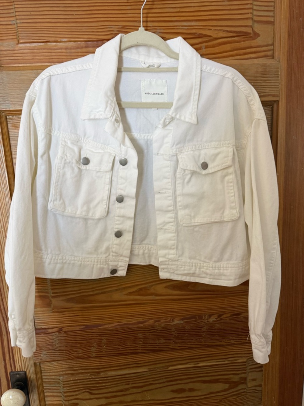 Avec Les Filles Cropped White Denim Jacket Size M 100% Cotton